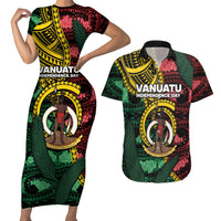 Personalised Vanuatu Independence Day Couples Matching Short Sleeve Bodycon Dress and Hawaiian Shirt Boar Tusk Warrior Tribal Floral Patterns