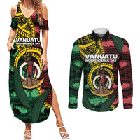 Personalised Vanuatu Independence Day Couples Matching Summer Maxi Dress and Long Sleeve Button Shirt Boar Tusk Warrior Tribal Floral Patterns