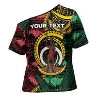 Personalised Vanuatu Independence Day Cross Shoulder Shirt Boar Tusk Warrior Tribal Floral Patterns