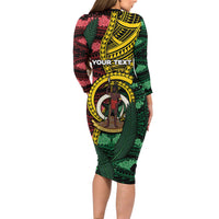 Personalised Vanuatu Independence Day Long Sleeve Bodycon Dress Boar Tusk Warrior Tribal Floral Patterns DT05 - Polynesian Pride