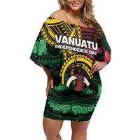 Personalised Vanuatu Independence Day Off Shoulder Short Dress Boar Tusk Warrior Tribal Floral Patterns DT05 Women Multicolor - Polynesian Pride