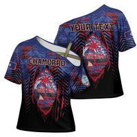 Personalised Guam Cross Shoulder Shirt Chamorro Seal Tribal Scratch Design - Polynesian Pride