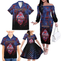 Personalised Guam Family Matching Off The Shoulder Long Sleeve Dress and Hawaiian Shirt Chamorro Seal Tribal Scratch Design DT05 - Polynesian Pride