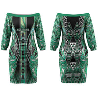 Aotearoa Ngati Awa Couples Matching Off The Shoulder Long Sleeve Dress and Hawaiian Shirt Maori Tribal Green Marble Paua Shell Pattern DT05 - Polynesian Pride