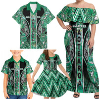 Aotearoa Ngati Awa Family Matching Off Shoulder Maxi Dress and Hawaiian Shirt Maori Tribal Green Marble Paua Shell Pattern DT05 - Polynesian Pride