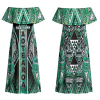 Aotearoa Ngati Awa Family Matching Off Shoulder Maxi Dress and Hawaiian Shirt Maori Tribal Green Marble Paua Shell Pattern DT05 Mom's Dress Green - Polynesian Pride