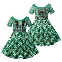 Aotearoa Ngati Awa Family Matching Off Shoulder Maxi Dress and Hawaiian Shirt Maori Tribal Green Marble Paua Shell Pattern DT05 Daughter's Dress Green - Polynesian Pride