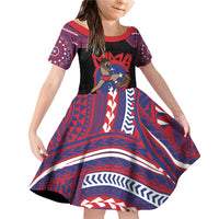 Personalised Samoa Mixed Martial Arts Family Matching Off Shoulder Short Dress and Hawaiian Shirt Flying Knee Of Samoan DT05 Daughter's Dress Black - Polynesian Pride