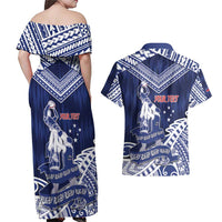 Personalised Samoa Rugby Couples Matching Off Shoulder Maxi Dress and Hawaiian Shirt Pacific Warrior Glory DT05 - Polynesian Pride
