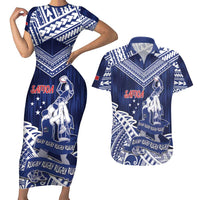 Personalised Samoa Rugby Couples Matching Short Sleeve Bodycon Dress and Hawaiian Shirt Pacific Warrior Glory DT05 Navy - Polynesian Pride