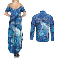 Personalised Northern Mariana Islands Couples Matching Summer Maxi Dress and Long Sleeve Button Shirt Galaxy Polynesian Shark Tattoo - Polynesian Pride