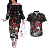 Personalised Hawaiian And Japanese Couples Matching Off The Shoulder Long Sleeve Dress and Hawaiian Shirt Aloha Koi Fish Palaka Patterns DT05 Black - Polynesian Pride