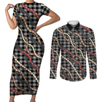 Hawaii Palaka Niihau Shell Lei Couples Matching Short Sleeve Bodycon Dress and Long Sleeve Button Shirt Tropical Island Plaid Patterns