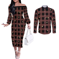 Hawaii Palaka Kahelelani Shell Lei Costume Couples Matching Off The Shoulder Long Sleeve Dress and Long Sleeve Button Shirt Plaid Patterns DT05 Black - Polynesian Pride