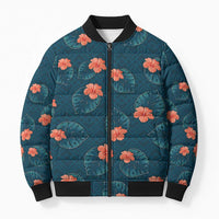 Hawaii Monstera Bomber Puffer Jacket Hibiscus Flowers Simple Style - Polynesian Pride