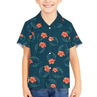 Hawaii Monstera Family Matching Short Sleeve Bodycon Dress and Hawaiian Shirt Hibiscus Flowers Simple Style DT05 Son's Shirt Dark Teal - Polynesian Pride
