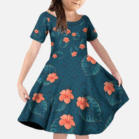 Hawaii Monstera Family Matching Tank Maxi Dress and Hawaiian Shirt Hibiscus Flowers Simple Style DT05 Daughter's Dress Dark Teal - Polynesian Pride