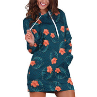 Hawaii Monstera Hoodie Dress Hibiscus Flowers Simple Style DT05 Dark Teal - Polynesian Pride