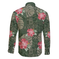 Hawaii Family Matching Off The Shoulder Long Sleeve Dress and Hawaiian Shirt Green Polynesian Monstera Patterns - Polynesian Pride