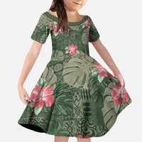 Hawaii Family Matching Tank Maxi Dress and Hawaiian Shirt Green Polynesian Monstera Patterns DT05 Daughter's Dress Green - Polynesian Pride