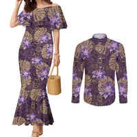 Hawaii Couples Matching Mermaid Dress and Long Sleeve Button Shirt Purple Polynesian Monstera Patterns DT05 Purple - Polynesian Pride