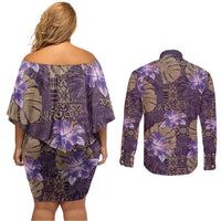 Hawaii Couples Matching Off Shoulder Short Dress and Long Sleeve Button Shirt Purple Polynesian Monstera Patterns DT05 - Polynesian Pride