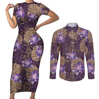 Hawaii Couples Matching Short Sleeve Bodycon Dress and Long Sleeve Button Shirt Purple Polynesian Monstera Patterns DT05 Purple - Polynesian Pride