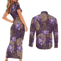 Hawaii Couples Matching Short Sleeve Bodycon Dress and Long Sleeve Button Shirt Purple Polynesian Monstera Patterns DT05 - Polynesian Pride