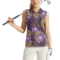 Hawaii Women Sleeveless Polo Shirt Purple Polynesian Monstera Patterns - Polynesian Pride