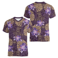 Hawaii Women V-Neck T-Shirt Purple Polynesian Monstera Patterns - Polynesian Pride