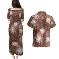 Hawaii Couples Matching Puletasi and Hawaiian Shirt Brown Polynesian Monstera Patterns - Polynesian Pride