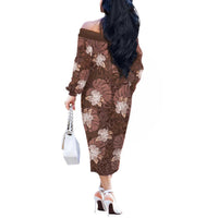 Hawaii Off The Shoulder Long Sleeve Dress Brown Polynesian Monstera Patterns - Polynesian Pride