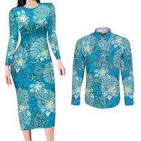 Hawaii Couples Matching Long Sleeve Bodycon Dress and Long Sleeve Button Shirt Teal Polynesian Monstera Patterns DT05 Teal - Polynesian Pride