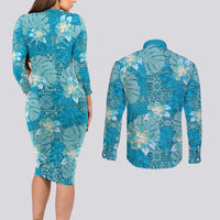 Hawaii Couples Matching Long Sleeve Bodycon Dress and Long Sleeve Button Shirt Teal Polynesian Monstera Patterns DT05 - Polynesian Pride