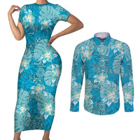 Hawaii Couples Matching Short Sleeve Bodycon Dress and Long Sleeve Button Shirt Teal Polynesian Monstera Patterns DT05 Teal - Polynesian Pride
