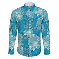 Hawaii Family Matching Puletasi and Hawaiian Shirt Teal Polynesian Monstera Patterns DT05 Dad's Shirt - Long Sleeve Teal - Polynesian Pride