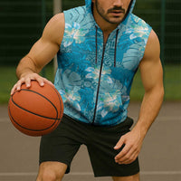 Hawaii Sleeveless Zip Hoodie Teal Polynesian Monstera Patterns - Polynesian Pride