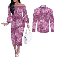 Hawaii Couples Matching Off The Shoulder Long Sleeve Dress and Long Sleeve Button Shirt Magenta Polynesian Monstera Patterns DT05 Magenta - Polynesian Pride