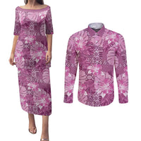 Hawaii Couples Matching Puletasi and Long Sleeve Button Shirt Magenta Polynesian Monstera Patterns - Polynesian Pride