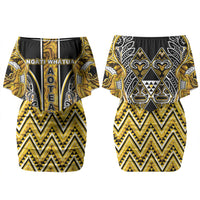 Aotearoa Ngati Whatua Couples Matching Off Shoulder Short Dress and Hawaiian Shirt Maori Tribal Gold Paua Shell Pattern DT05 - Polynesian Pride