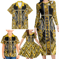Aotearoa Ngati Whatua Family Matching Long Sleeve Bodycon Dress and Hawaiian Shirt Maori Tribal Gold Paua Shell Pattern DT05 - Polynesian Pride