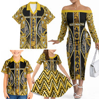 Aotearoa Ngati Whatua Family Matching Off The Shoulder Long Sleeve Dress and Hawaiian Shirt Maori Tribal Gold Paua Shell Pattern DT05 - Polynesian Pride