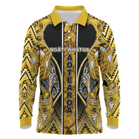 Aotearoa Ngati Whatua Long Sleeve Polo Shirt Maori Tribal Gold Paua Shell Pattern DT05 Yellow - Polynesian Pride