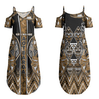 Aotearoa Kati Mamoe Family Matching Summer Maxi Dress and Hawaiian Shirt Maori Brown Tribal Paua Shell Pattern DT05 Mom's Dress Brown - Polynesian Pride