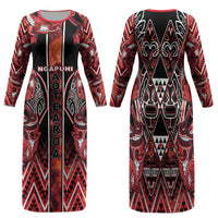 Aotearoa Ngapuhi Family Matching Long Sleeve Bodycon Dress and Hawaiian Shirt Maori Red Tribal Paua Shell Pattern DT05 Mom's Dress Red - Polynesian Pride