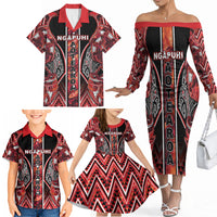 Aotearoa Ngapuhi Family Matching Off The Shoulder Long Sleeve Dress and Hawaiian Shirt Maori Red Tribal Paua Shell Pattern DT05 - Polynesian Pride