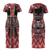 Aotearoa Ngapuhi Family Matching Short Sleeve Bodycon Dress and Hawaiian Shirt Maori Red Tribal Paua Shell Pattern DT05 Mom's Dress Red - Polynesian Pride