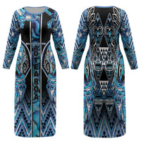 Aotearoa Ngati Porou Family Matching Long Sleeve Bodycon Dress and Hawaiian Shirt Maori Light Blue Tribal Paua Shell Pattern DT05 Mom's Dress Blue - Polynesian Pride