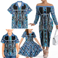 Aotearoa Ngati Porou Family Matching Off The Shoulder Long Sleeve Dress and Hawaiian Shirt Maori Light Blue Tribal Paua Shell Pattern DT05 - Polynesian Pride