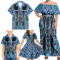 Aotearoa Ngati Porou Family Matching Off Shoulder Maxi Dress and Hawaiian Shirt Maori Light Blue Tribal Paua Shell Pattern DT05 - Polynesian Pride